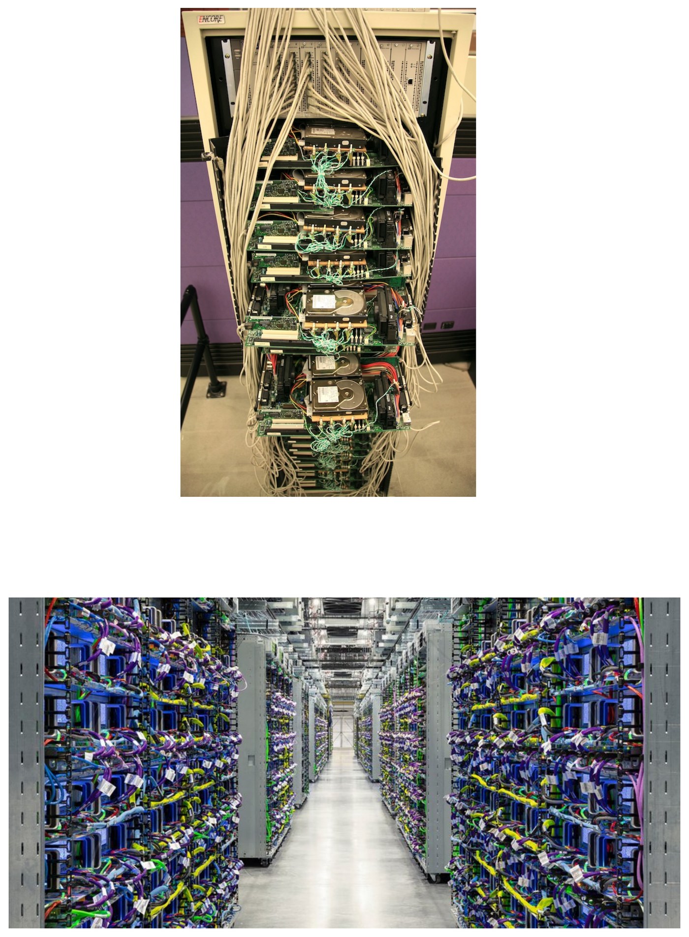 Un rack temprano de Google y el pasillo de un data center moderno